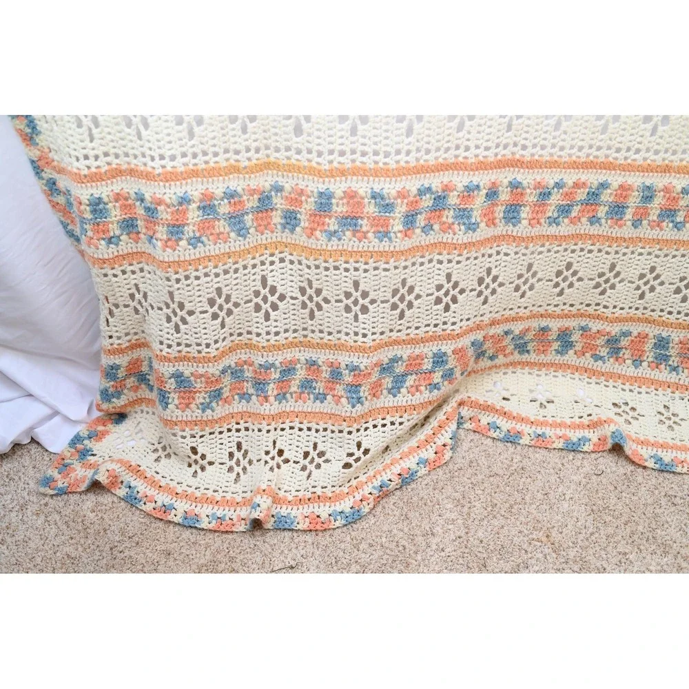 Vintage Cream, Pink and Blue Crochet Blanket 70